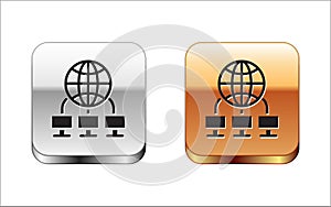Black Computer network icon isolated on white background. Laptop network. Internet connection. Silver-gold square button