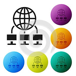 Black Computer network icon isolated on white background. Laptop network. Internet connection. Set icons in color circle