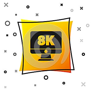 Black Computer PC monitor display with 8k video technology icon isolated on white background. Yellow square button. Vector