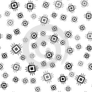 Black Computer processor with microcircuits CPU icon isolated seamless pattern on white background. Chip or cpu with