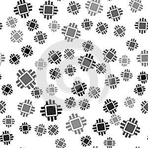 Black Computer processor with microcircuits CPU icon isolated seamless pattern on white background. Chip or cpu with