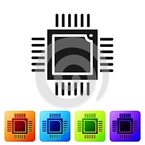 Black Computer processor with microcircuits CPU icon isolated on white background. Chip or cpu with circuit board. Micro