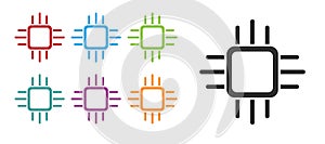 Black Computer processor with microcircuits CPU icon isolated on white background. Chip or cpu with circuit board. Micro