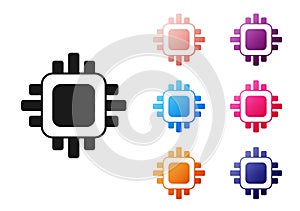 Black Computer processor with microcircuits CPU icon isolated on white background. Chip or cpu with circuit board. Micro