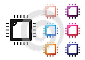 Black Computer processor with microcircuits CPU icon isolated on white background. Chip or cpu with circuit board. Micro