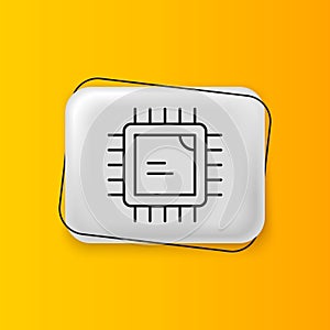 Black Computer processor with microcircuits CPU icon isolated on yellow background. Chip or cpu with circuit board