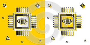 Black Computer processor with microcircuits CPU icon isolated on yellow and white background. Chip or cpu with circuit