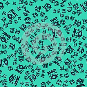 Black Computer vision icon isolated seamless pattern on green background. Technical vision, eye circuit, video