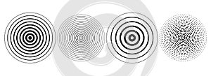 Black concentric ripple circles set. Dotted sonar or sound wave rings collection. Epicentre, target, radar icon concept