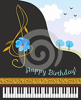 Black concert grand piano, treble clef in shape of cosmos flower, golden ribbon and spring landscape. Happy birthday greeting card