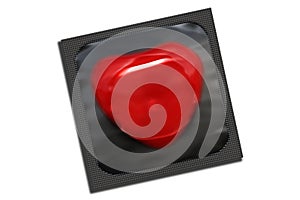 Black condom package with heart shape