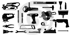 Black construction tools. Home repair and building instruments for workers and engineers. Silhouette icons of workman