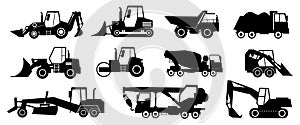 Black construction trucks. Heavy industrial vehicles silhouettes. Working transport set for earthwork, lifting and transportation