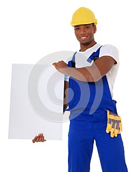 Black construction worker holding blank sign