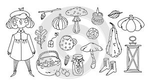 Cozy autumn coloring page elements collection with pumpkins, mushrooms, leaves and girl