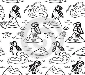 Black contour Puffins on the rocks seamless pattern