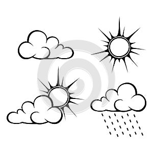Black contours of clouds and sun. Vector illustration.