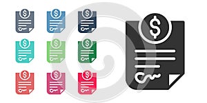 Black Contract money icon isolated on white background. Banking document dollar file finance money page. Set icons