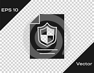 Black Contract with shield icon isolated on transparent background. Insurance concept. Security, safety, protection