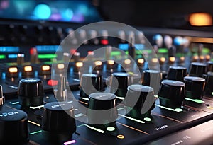 a black control panel on a music mixer with knobs