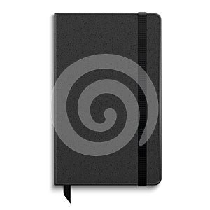 Black copybook with elastic band.