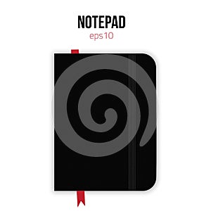 Black copybook template with elastic band and red bookmark inside. Realistic Vector illustration.