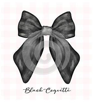 Black coquette ribbon bow, aesthetic watercolor hand drawing