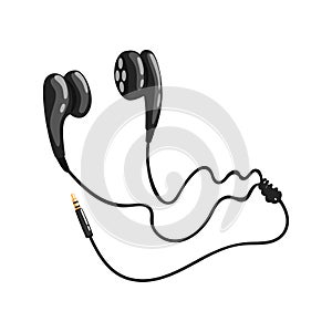 Black corded earphones or earbuds, music technology accessory cartoon vector Illustration