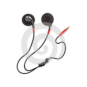 Black corded earphones, music technology accessory cartoon vector Illustration