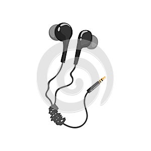 Black corded earphones, music technology accessory cartoon vector Illustration