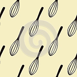 Black corolla silhouettes seamless doodle pattern. Kitchen mixing equipments on light yellow background