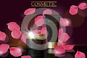 Black cosmetic ad design template. Dark golden skin care package tube glass reflection. Rose petals defocuced background