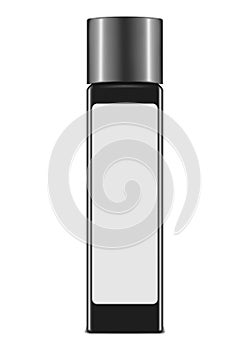 Black cosmetic bottle with cap and white blank label - front view, vector mockup. Beauty grooming product packaging container