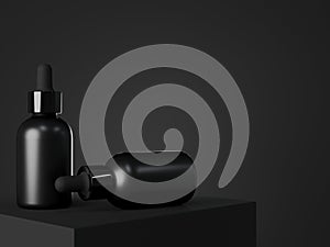 Black cosmetic dropper bottle mockup, facial serum packaging and branding visualization, care product template