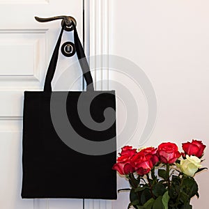 Black cotton eco tote bag, design mockup.