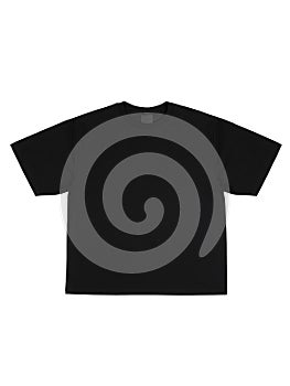 Black cotton t-shirt mockup with black empty label isolated on white background, top view,