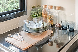 Black counter in kitchen room design