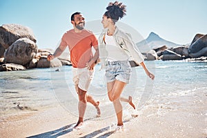 Black couple, beach and running while happy on vacation in summer with energy, love and happiness while outdoor. Man and