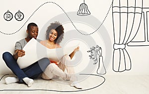 Black couple holding house plan and dreaming about new interior design, collage with drawings on white wall