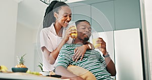 Black couple, kitchen and drinking at breakfast in a home with love, smile and bonding with food. Happy, support and