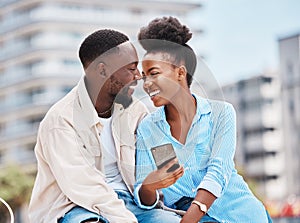 Black couple, love and happy on date, summer vacation holiday posting on social media or browsing internet. Romance