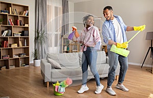 Black Couple Posing With Mop And Detergent Cleaning House Indoors