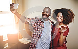 Black couple, real estate and happy with selfie new house with bonding, support and break or relax from moving. People