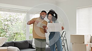 Black couple, real estate and tablet for interior planning, new home or decor together at the house. Man and woman