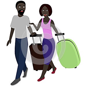 Black couple with suitcases are going to go on vacation