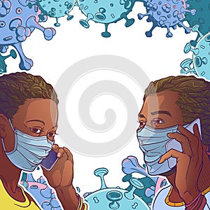 Black couple wearing medical protection face mask and speaking on the phone.