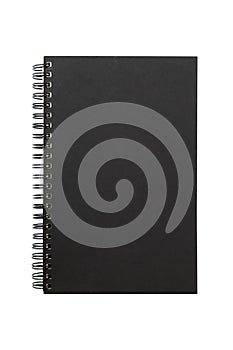 Black cover of notebook isolated on white background. Clipping p