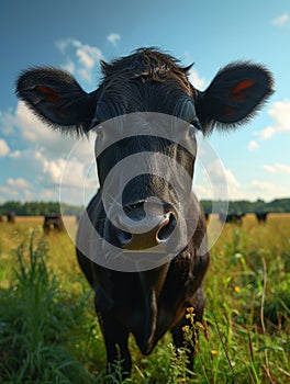 Black cow is looking at the camera in green field