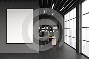 Black coworking interior with pc computer, shelf and window. Mockup frame