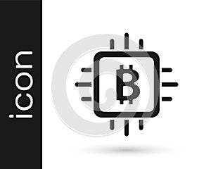 Black CPU mining farm icon isolated on white background. Bitcoin sign inside processor. Cryptocurrency mining community